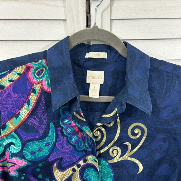 Chico's No Iron Shirt Size 1 Size 8 Blue With Vibrant Paisley Print - Picture 4 of 16